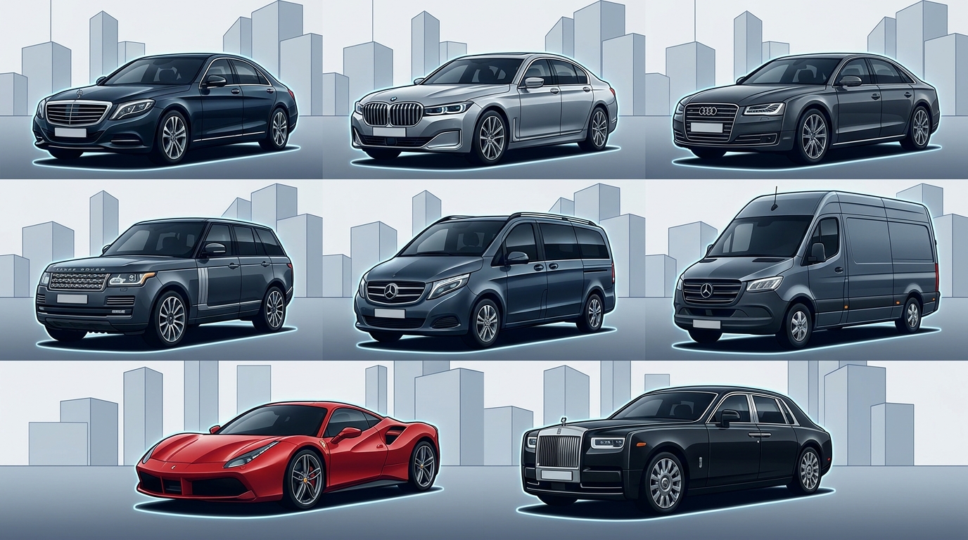 A visual grid or lineup illustrating the available luxury fleet: Mercedes-Benz S-Class/Maybach, BMW 7 Series, Audi A8, Range Rover, Mercedes V-Class/Sprinter, and supercars like Ferrari and Rolls-Royce