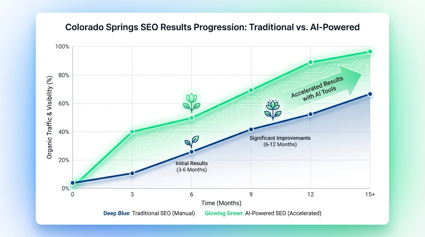 Timeline infographic or line graph showing SEO results progression: Initial results at 3-6 months, significant improvements at 6-12 months, with comparison line showing accelerated results with AI-powered tools