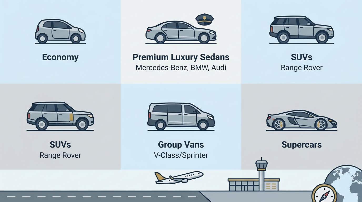 Grid illustration of available vehicle categories (economy, premium luxury sedans like Mercedes-Benz/BMW/Audi, SUVs like Range Rover, group vans like V-Class/Sprinter, and supercars) with icons