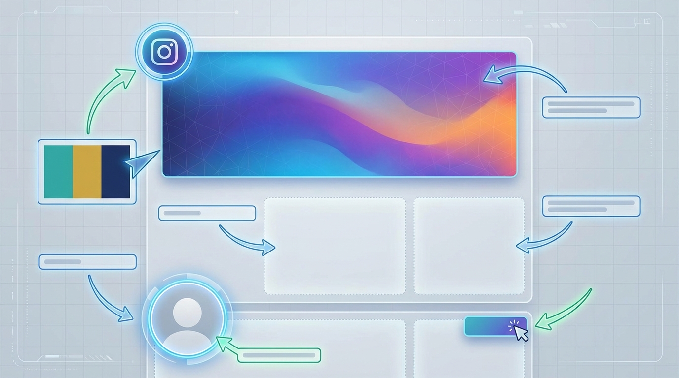 Annotated diagram showing a sample social media background with callouts pointing to key design elements: brand logo placement, color scheme areas, whitespace zones, profile picture safe zones, and CTA placement
