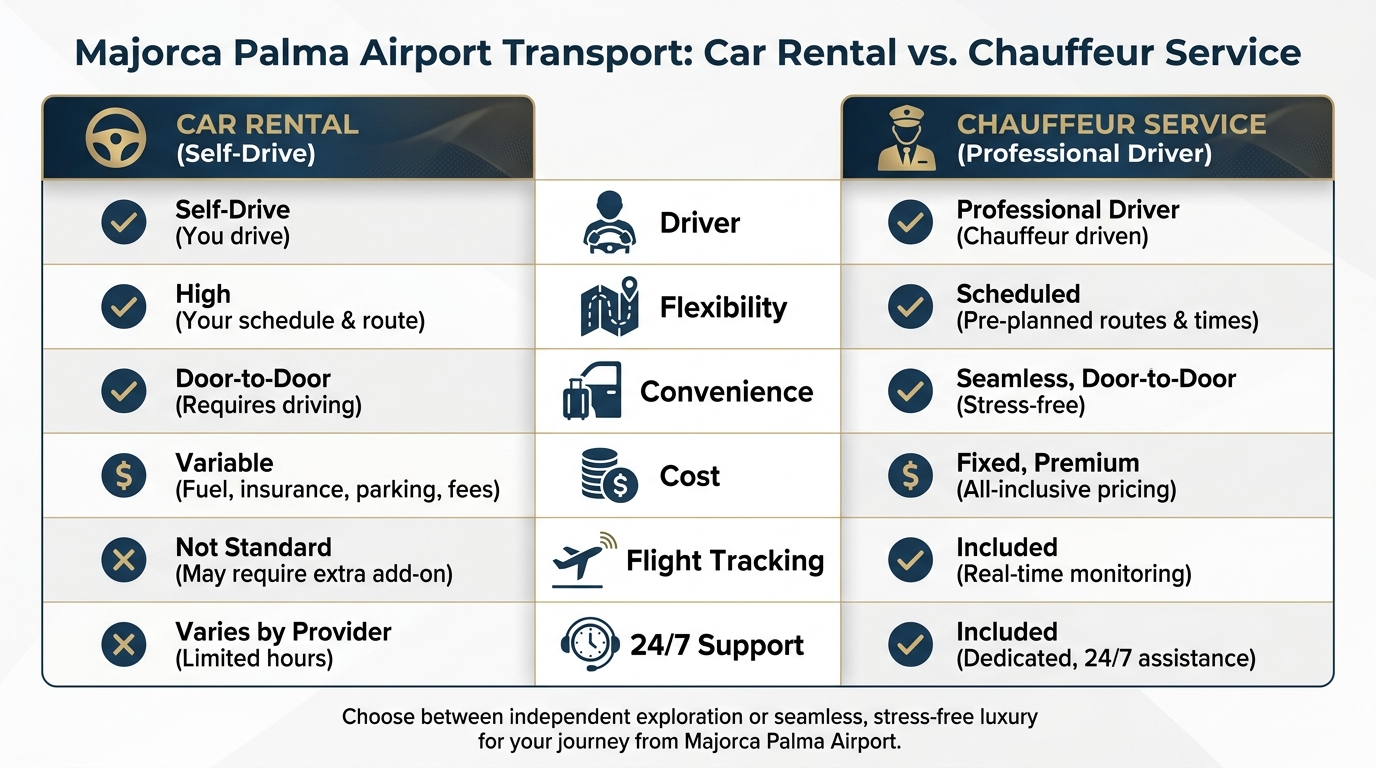 Side-by-side comparison table contrasting Car Rental vs Chauffeur Service across attributes like self-drive vs professional driver, flexibility, convenience, cost, flight tracking, and 24/7 support