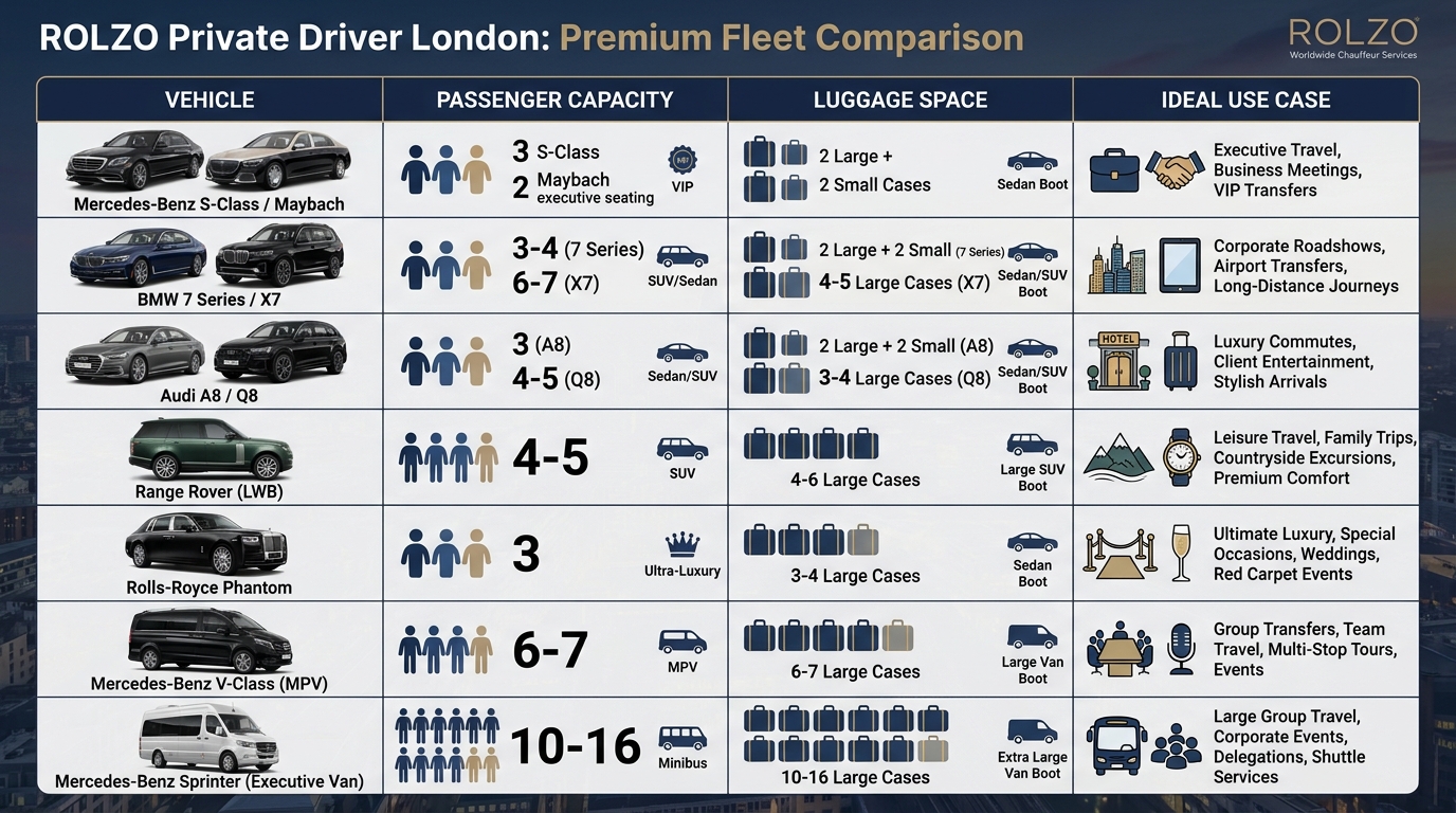 Comparison table or image grid showing the available fleet vehicles (Mercedes-Benz S-Class/Maybach, BMW 7 Series/X7, Audi A8/Q8, Range Rover, Rolls-Royce Phantom, V-Class, Sprinter) with passenger capacity, luggage space, and ideal use case for each