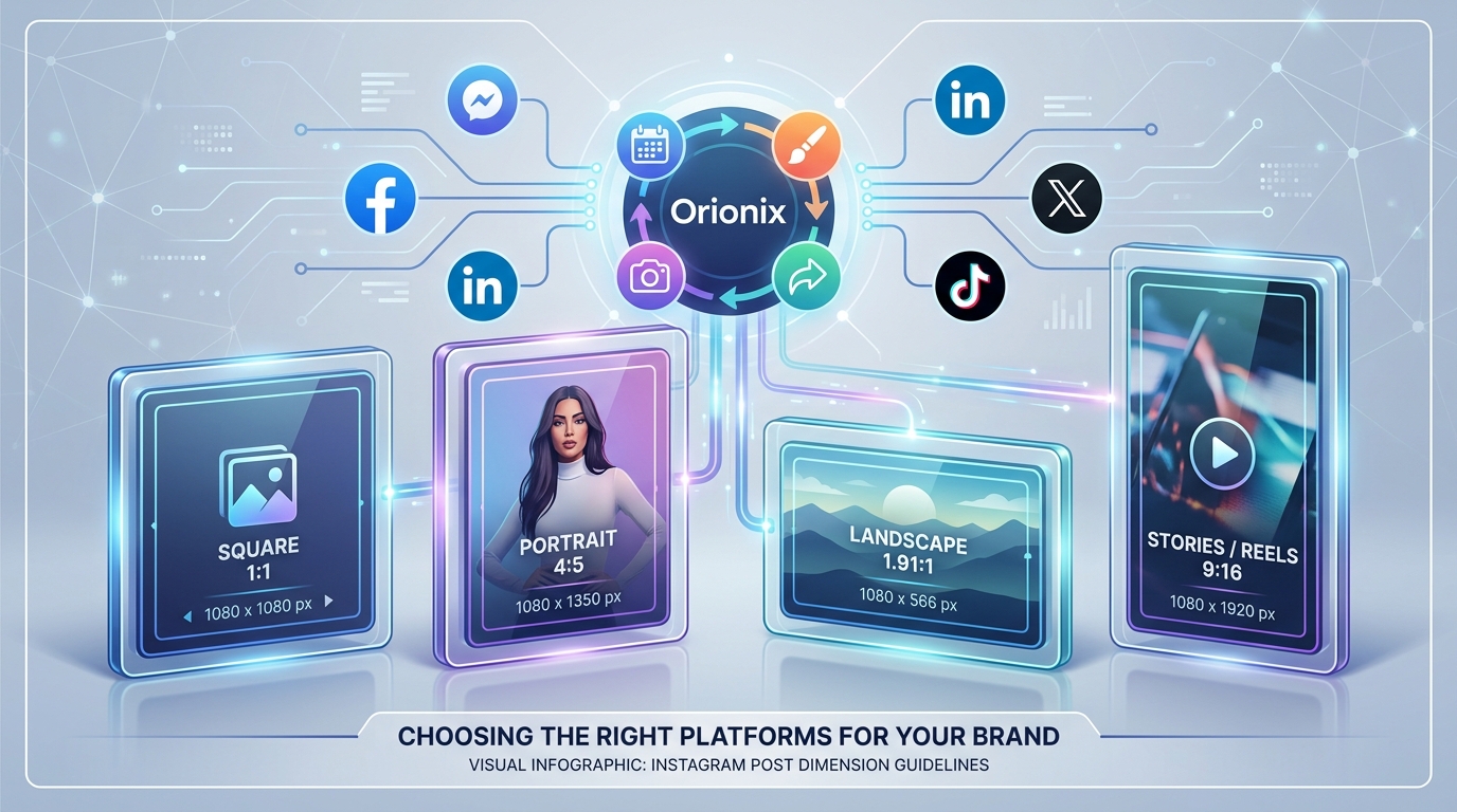 Visual infographic showing Instagram post dimension guidelines: square (1080x1080), portrait (1080x1350), landscape (1080x566), and Stories/Reels (1080x1920) with proportional frame examples