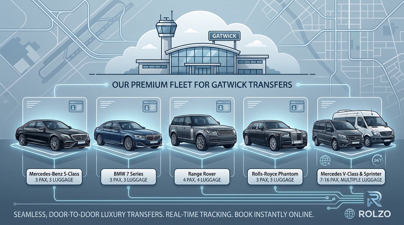 Visual grid or lineup showcasing the ROLZO premium fleet including Mercedes-Benz S-Class, BMW 7 Series, Range Rover, Rolls-Royce Phantom, and Mercedes V-Class/Sprinter vans with vehicle capacity labels