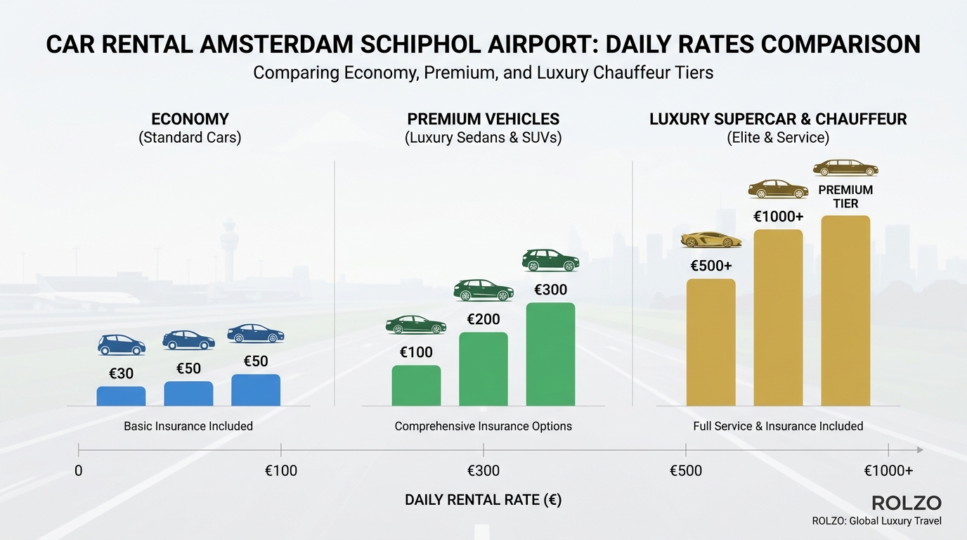 Price comparison table or tiered pricing chart showing daily rental rates: Economy cars (€30-50), Premium vehicles (€100-300), and Luxury supercars/chauffeur services (premium tier)