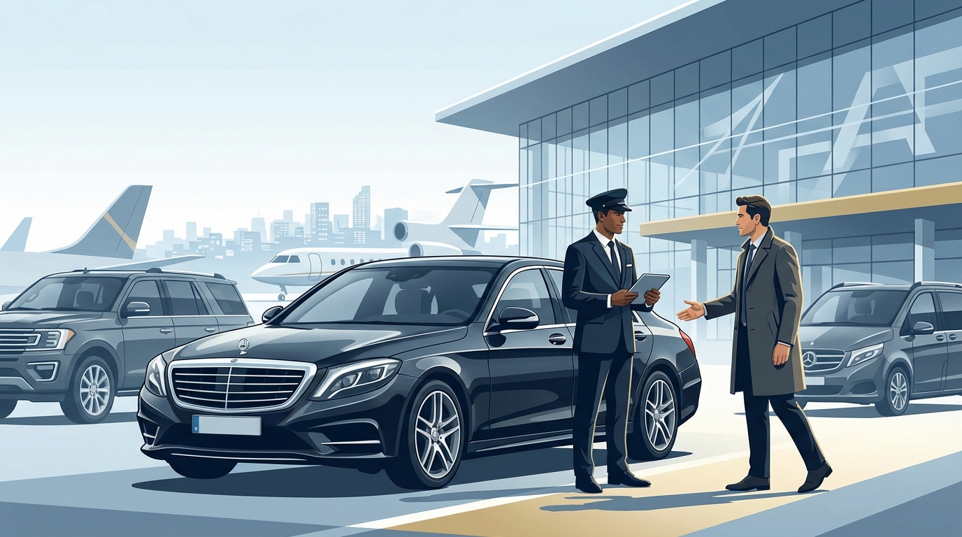 Professional chauffeur service illustration showing meet-and-greet at airport terminal with luxury vehicle and uniformed driver