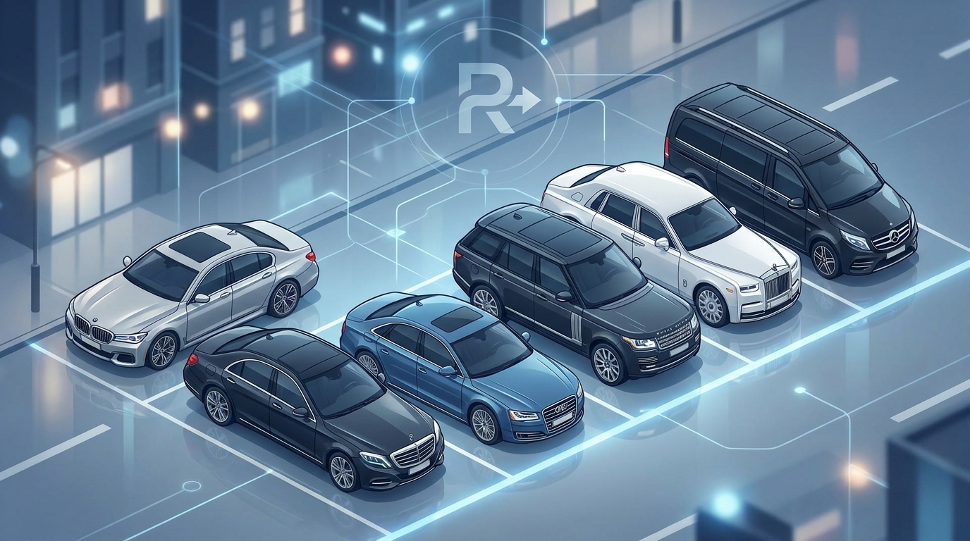 Grid or lineup illustration showcasing the diverse luxury fleet including Mercedes-Benz S-Class, BMW, Audi, Range Rover, Rolls-Royce, and Mercedes-Benz V-Class/Sprinter for group travel