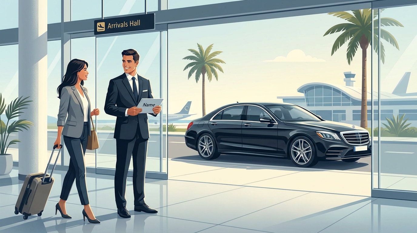 Hero image of a luxury chauffeur in a suit greeting a traveler at Palma de Mallorca Airport arrivals hall with a name sign, a premium Mercedes-Benz sedan visible nearby