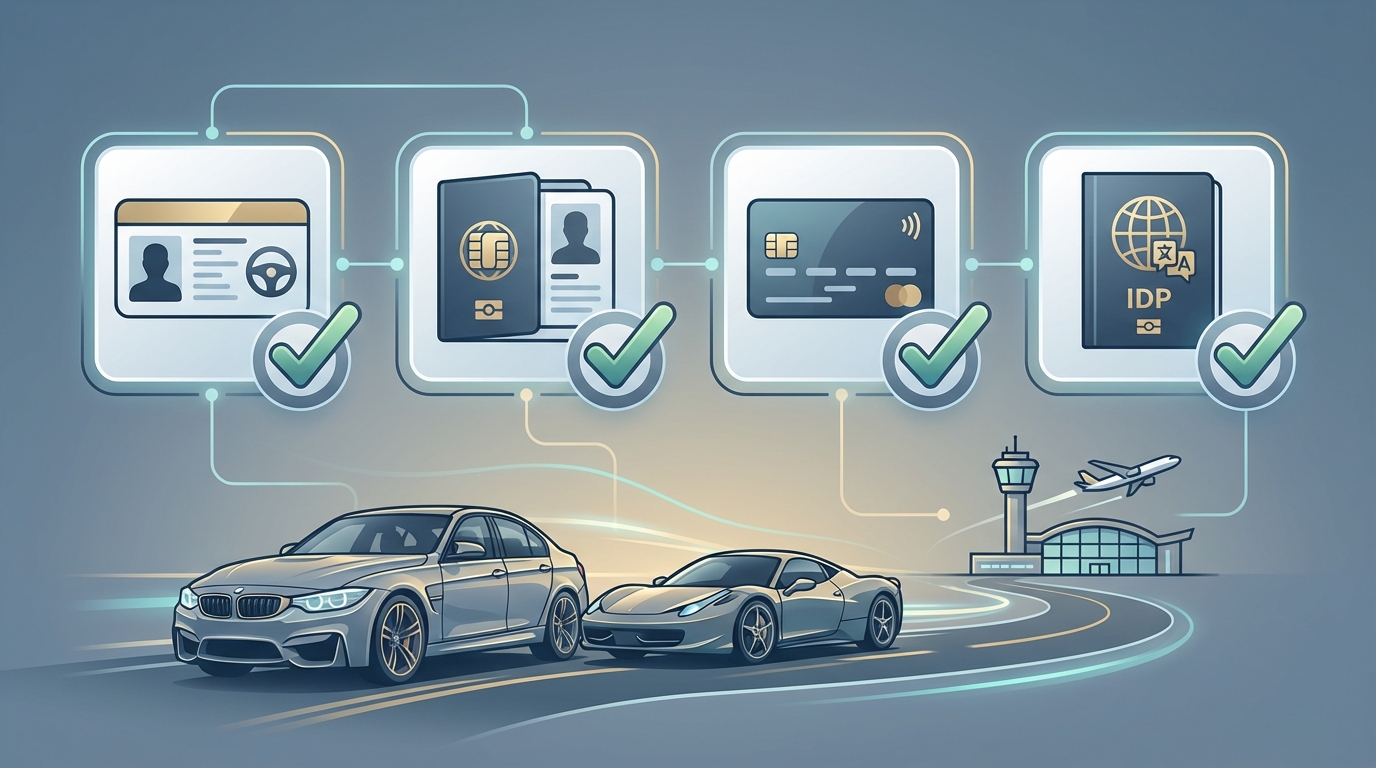 Visual checklist infographic showing required documents: driver's license, passport/ID, credit card, and International Driving Permit with icons