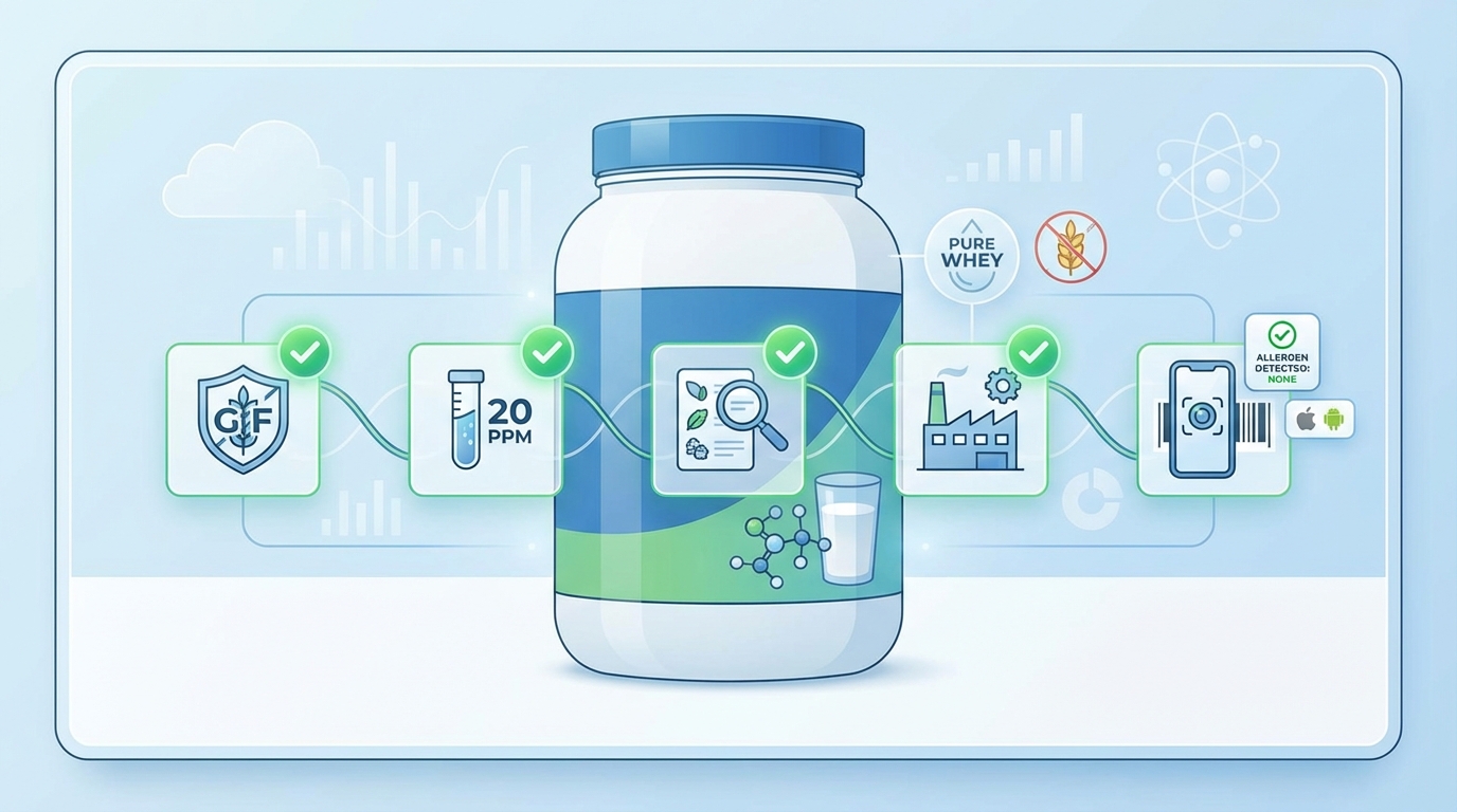 Visual checklist or labeled product package mockup highlighting key elements to look for: certified gluten-free seal, 20 ppm certification, ingredient list, facility certifications, and where to scan barcode with allergen app