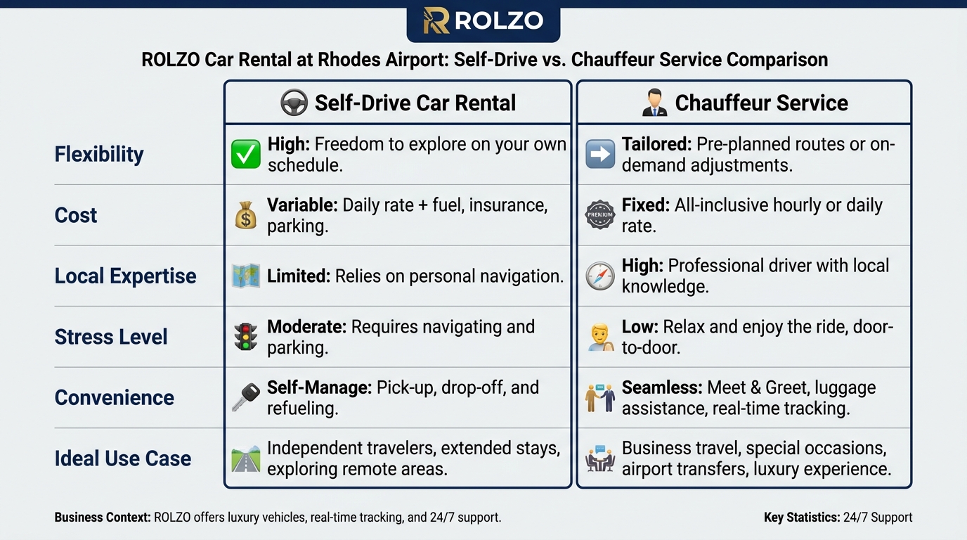 Side-by-side comparison table contrasting self-drive car rental vs chauffeur service across key factors: flexibility, cost, local expertise, stress level, convenience, and ideal use case