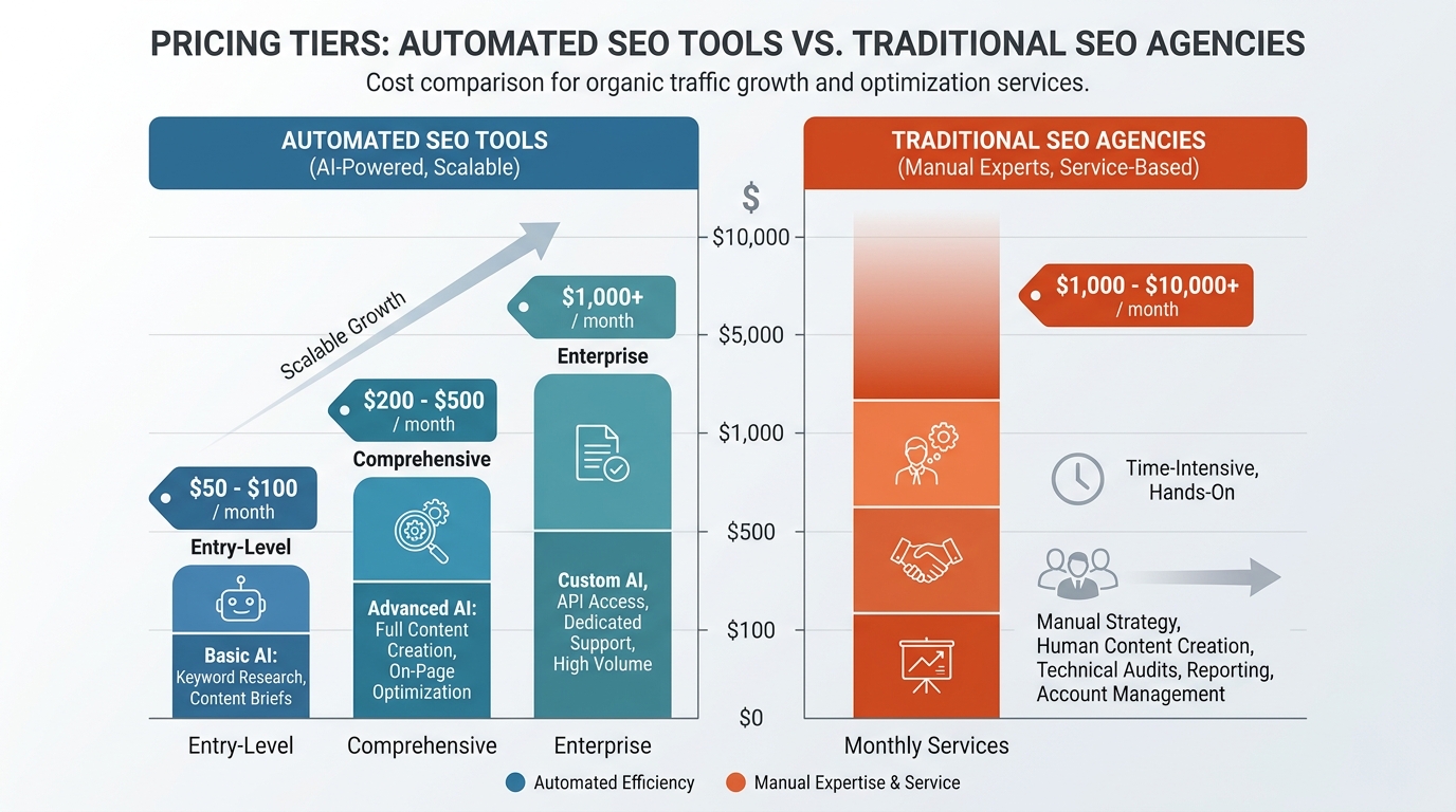 Comparison chart showing pricing tiers for automated SEO tools ($50-$100 entry-level, $200-$500 comprehensive, $1,000+ enterprise) versus traditional SEO agencies ($1,000-$10,000+ monthly)