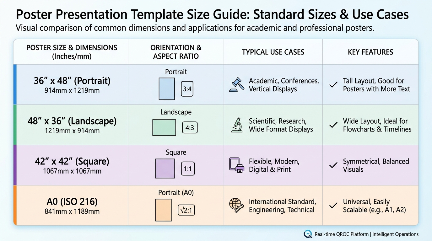 Comparison table or visual diagram showing standard poster sizes (36x48, 48x36, 42x42, A0) with dimensions in inches and their typical use cases (portrait/landscape/academic)