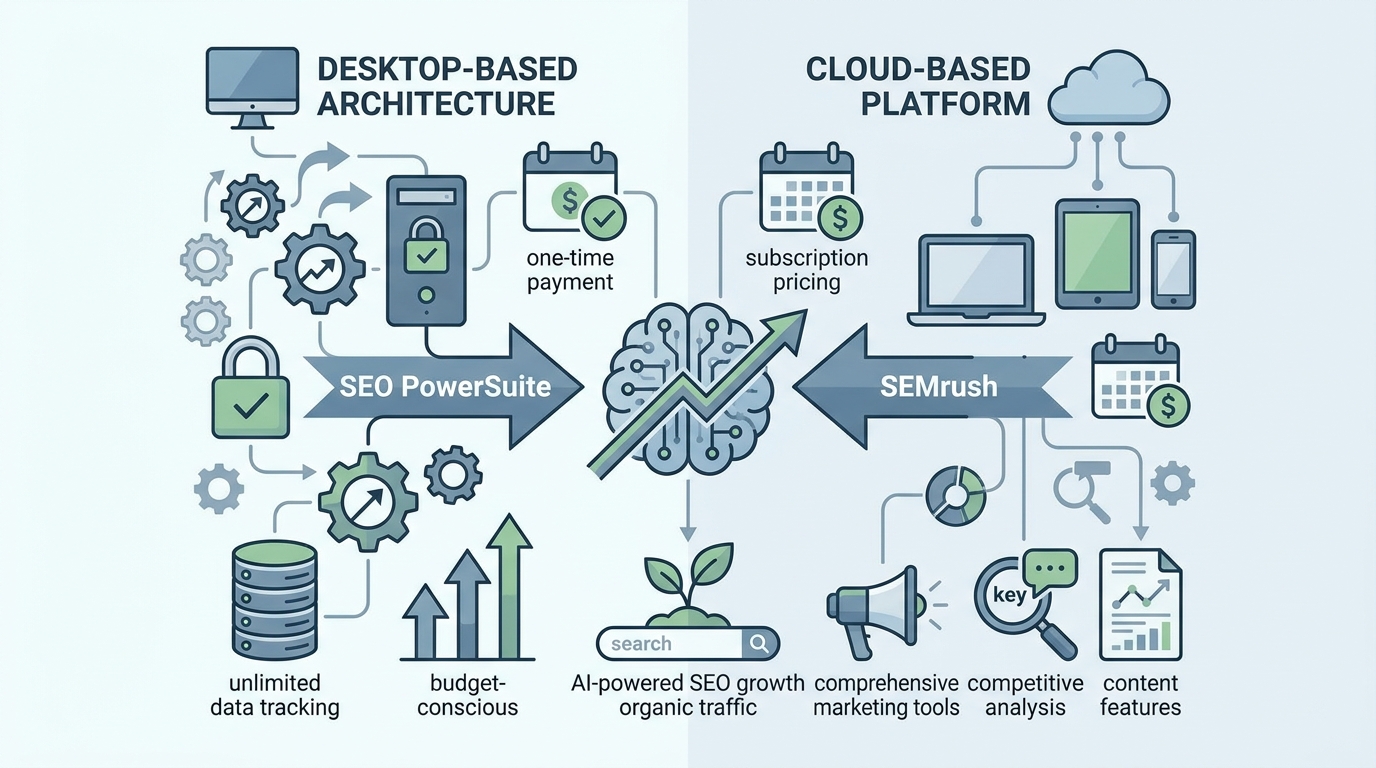 Conceptual diagram showing desktop-based software architecture (SEO PowerSuite) versus cloud-based platform architecture (SEMrush), highlighting key differentiators like payment models and feature focus