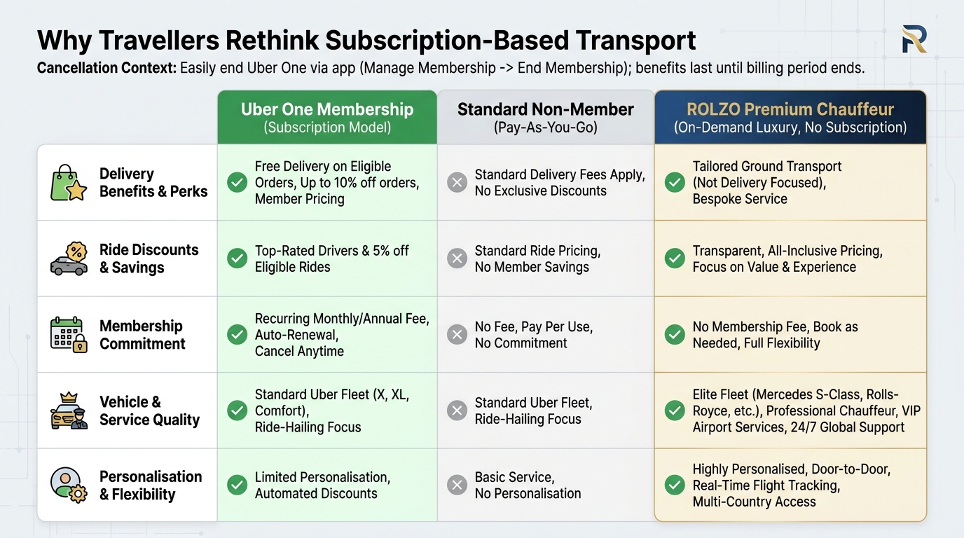 Comparison table contrasting Uber One member benefits vs. standard non-member account (free delivery, ride discounts, member pricing) alongside premium chauffeur alternatives