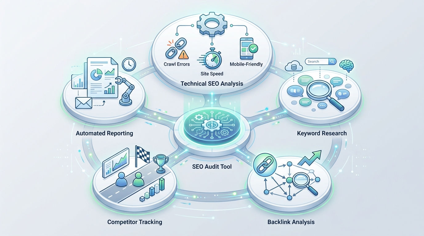 Visual diagram or infographic showing the key feature categories of SEO audit tools: technical SEO analysis (with icons for crawl errors, site speed, mobile), keyword research, backlink analysis, competitor tracking, and automated reporting arranged in a circular or hierarchical layout
