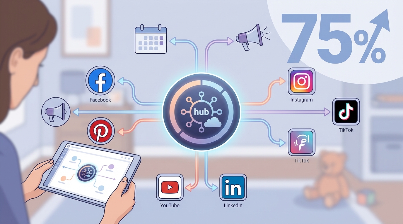 Diagram or flowchart showing a centralized dashboard concept with multiple social media platform icons connecting to one central management hub
