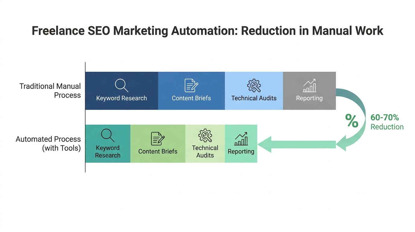 Visual representation showing 60-70% reduction in manual work through automation, with icons or bars illustrating time saved on keyword research, content briefs, technical audits, and reporting