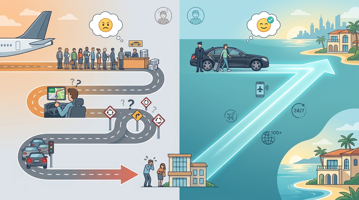 Infographic diagram illustrating the friction points of self-drive rental (queuing at desks, navigating unfamiliar roads, deciphering traffic rules) versus the seamless chauffeured arrival journey from tarmac to destination.