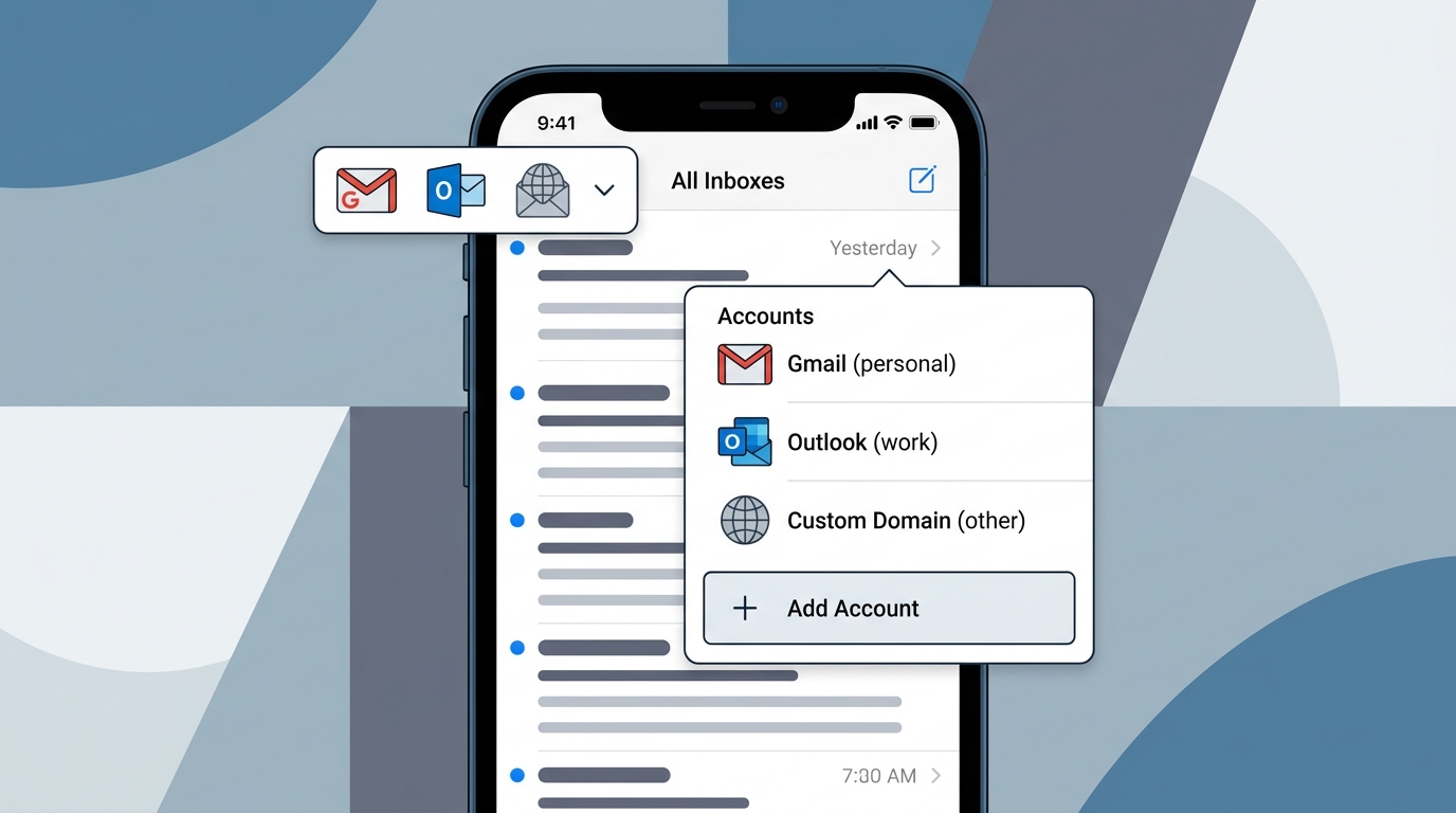 iPhone Mail app interface mockup showing multiple email accounts in a unified inbox view, with visual indicators of different account types (Gmail, Outlook, custom domain) and the account switcher interface