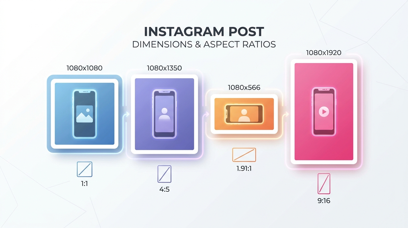 Comparison infographic showing Instagram post dimensions: square (1080x1080), portrait (1080x1350), landscape (1080x566), and Stories/Reels (1080x1920) with visual aspect ratio representations
