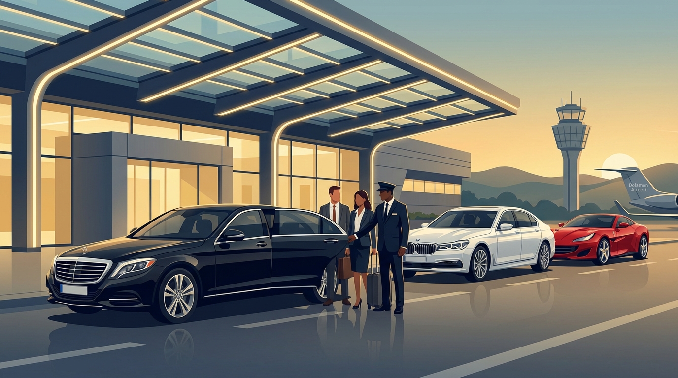 Hero image showing luxury vehicles (Mercedes S-Class, BMW 7 Series, or exotic supercar) at Dalaman Airport terminal with professional chauffeur, conveying premium service quality