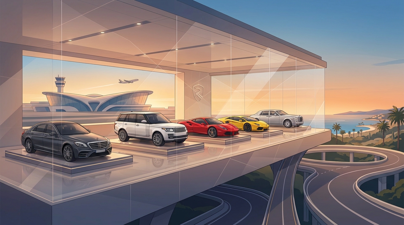 Visual showcase/gallery of the premium ROLZO fleet featuring executive sedans (Mercedes-Benz S-Class), luxury SUVs (Range Rover), and supercars (Ferrari, Lamborghini, Rolls-Royce)