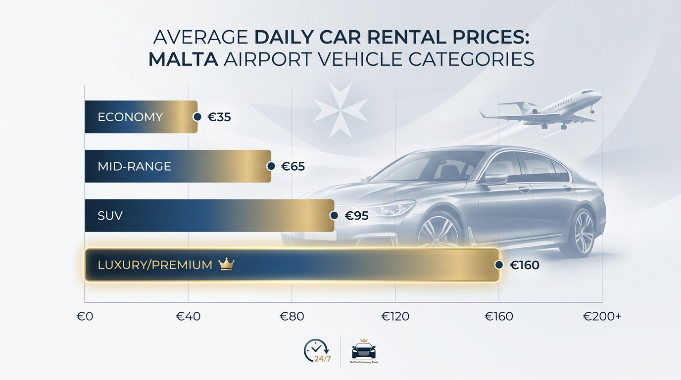 Bar chart showing average daily rental prices by vehicle category (economy €25-€40, mid-range, SUV, luxury/premium) at Malta Airport