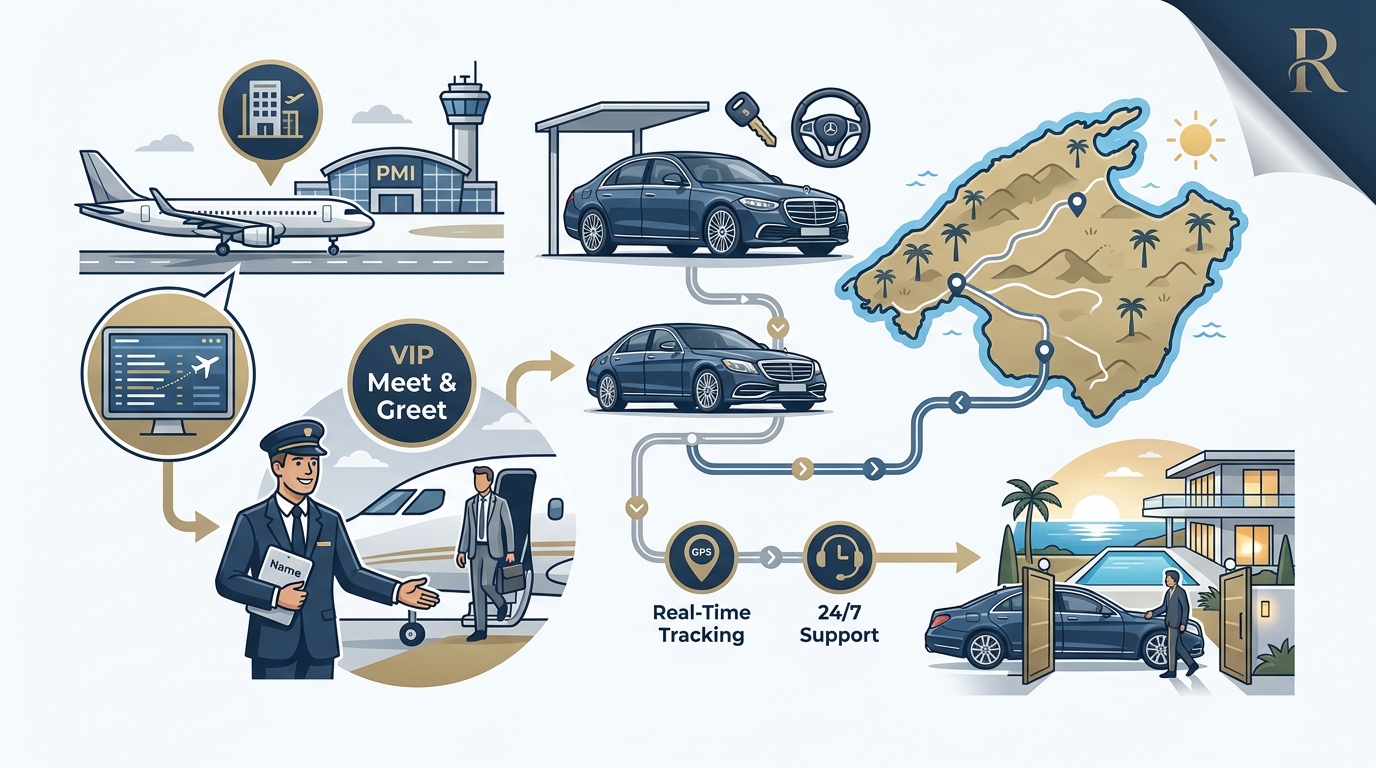 Infographic illustrating the door-to-door chauffeur journey from Palma Airport arrival (VIP Meet & Greet, flight tracking) to destination, highlighting the seamless process steps