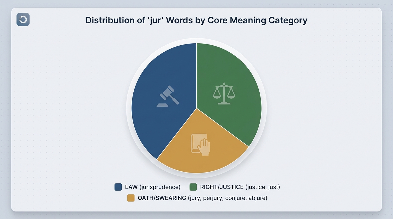 A pie chart or categorized visual showing the distribution of 'jur' words across the three core meaning categories: Law (jurisprudence), Right/Justice (justice, just), and Oath/Swearing (jury, perjury, conjure, abjure).