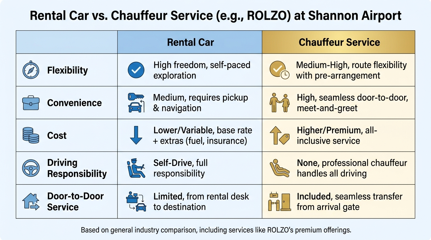 Comparison table contrasting rental car vs chauffeur service at Shannon Airport across factors like flexibility, convenience, cost, driving responsibility, and door-to-door service