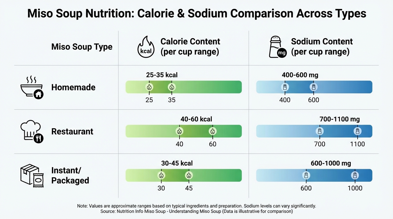 Comparison table showing calorie and sodium content across different miso soup types: homemade vs restaurant vs instant/packaged varieties