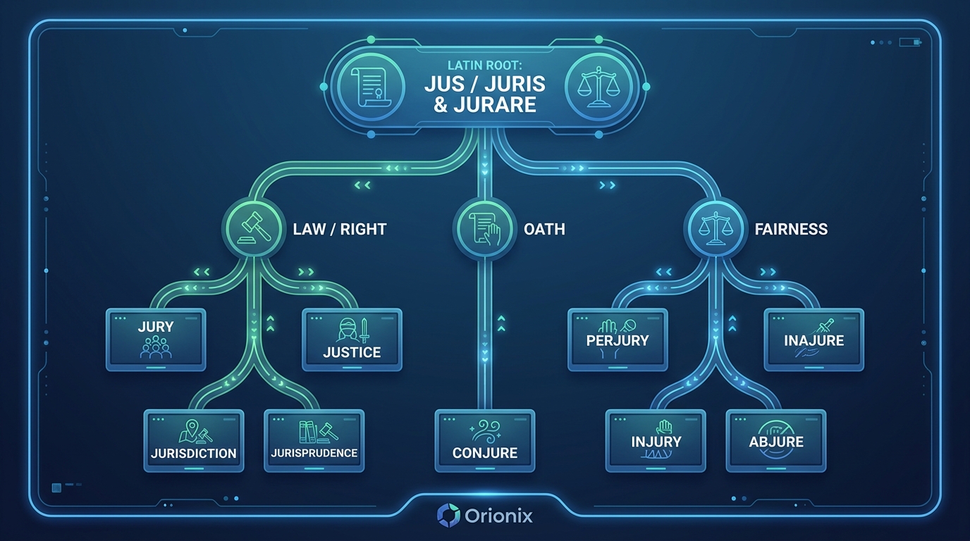 An etymology tree diagram showing the Latin root 'jus/juris' and 'jurare' at the top, branching down into modern English words like jury, justice, jurisdiction, jurisprudence, perjury, conjure, injury, and abjure. Each branch labeled with the core meaning (law, right, oath).