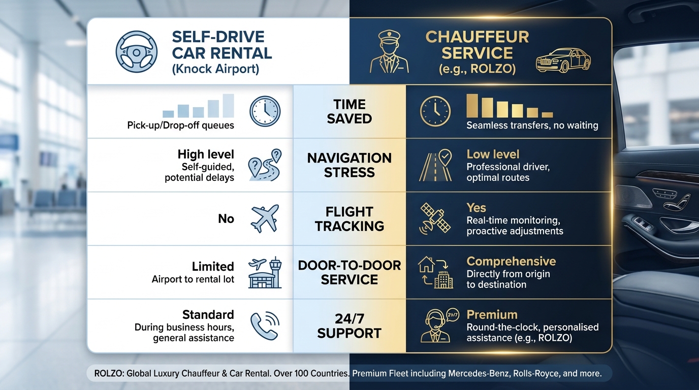 Side-by-side comparison chart of self-drive car rental vs chauffeur service, highlighting benefits like time saved, navigation stress, flight tracking, door-to-door service, and 24/7 support