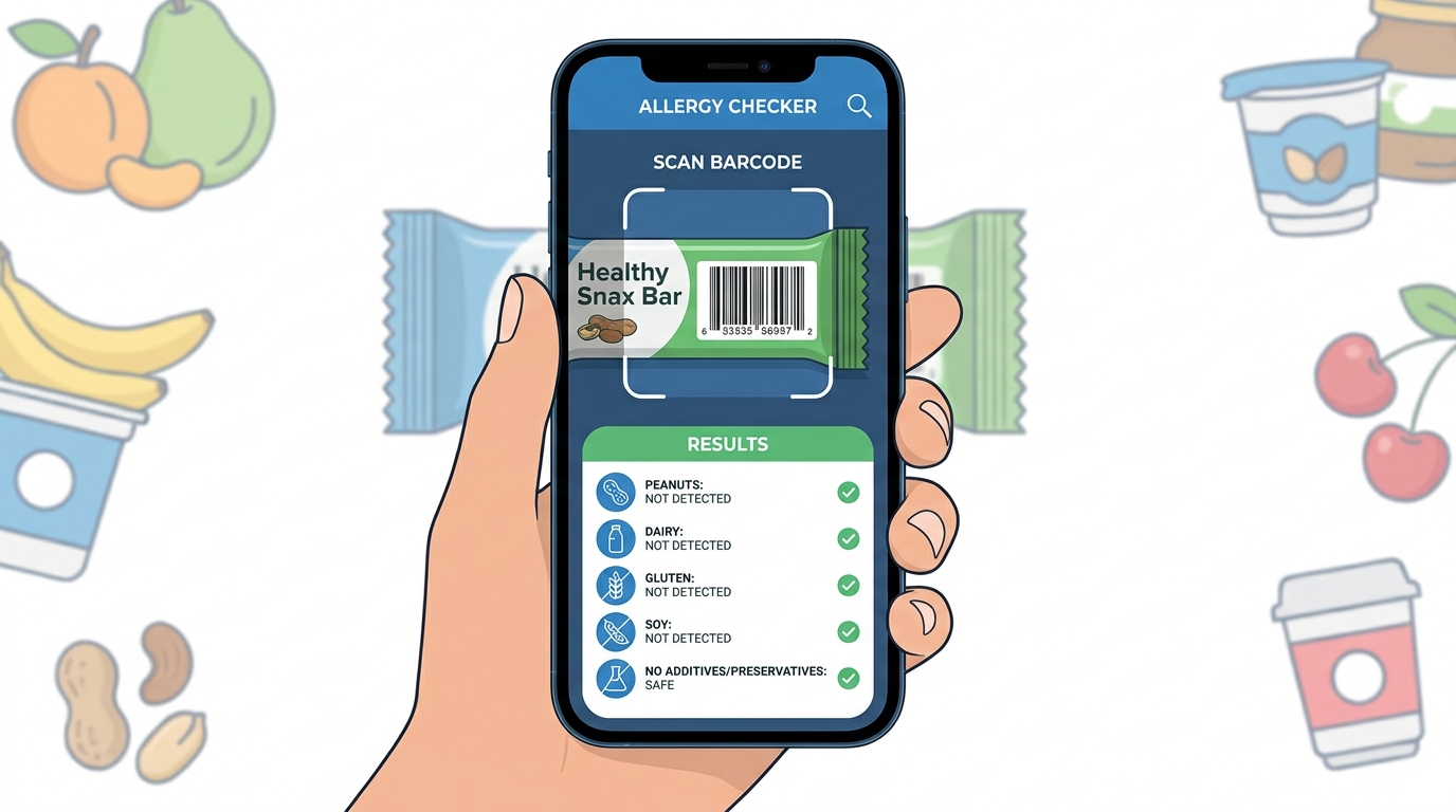 Screenshot or mockup of an allergy checker app interface showing barcode scanning feature and allergen identification results