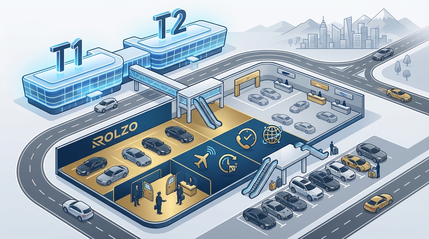 Infographic showing the car rental center location map at Zurich Airport with Terminal 1 and Terminal 2 marked, including rental company desk locations and pickup areas
