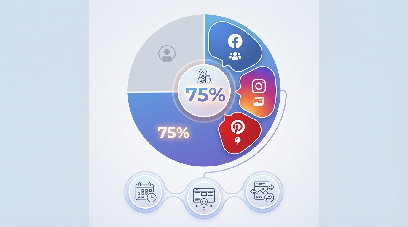 Pie chart or infographic showing the 75% statistic of mothers actively using social media platforms, with breakdown of Facebook, Instagram, and Pinterest usage