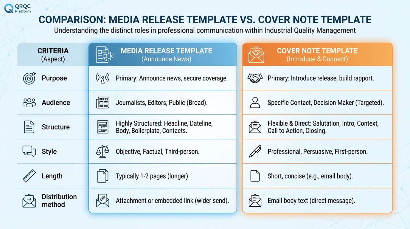 Side-by-side comparison table showing Media Release Template vs Cover Note Template with rows for: Purpose, Audience, Structure, Style, Length, and Distribution method