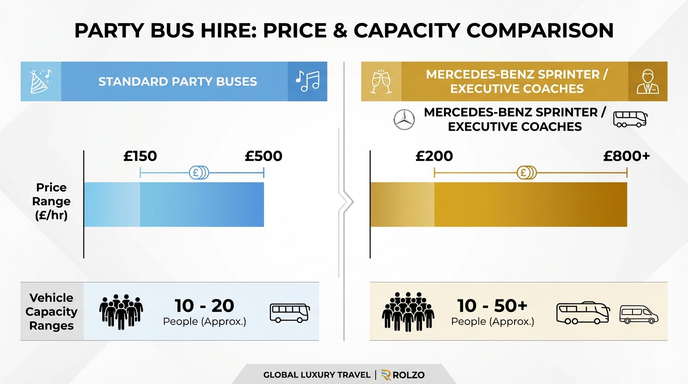 Comparison table or bar chart showing price ranges for different party bus types (Standard party buses £150-£500/hr, Mercedes-Benz Sprinter/Executive coaches £200-£800+/hr) with vehicle capacity ranges