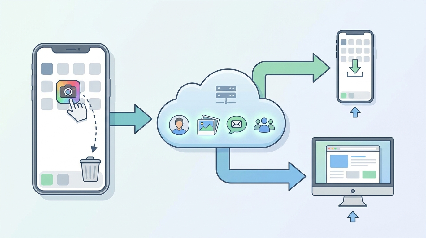 Visual flowchart or diagram showing what happens when you delete the Instagram app: phone with app being removed → Instagram servers (cloud) with intact data → options to reinstall app or access via web browser