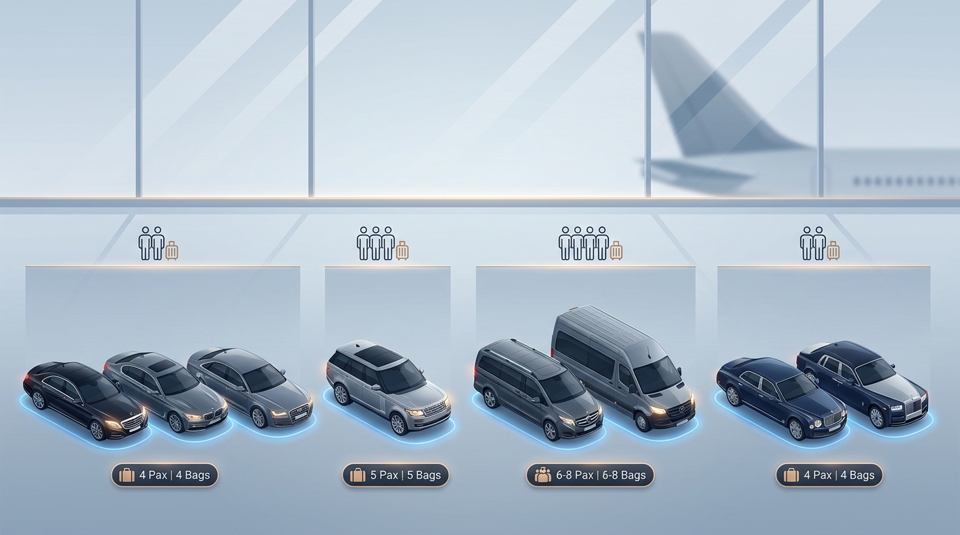 Visual fleet lineup/gallery showing the different vehicle classes: executive sedans (Mercedes S-Class, BMW 7 Series, Audi A8), SUVs (Range Rover), group vans (V-Class, Sprinter), and prestige models (Bentley, Rolls-Royce) with passenger and luggage capacity labels