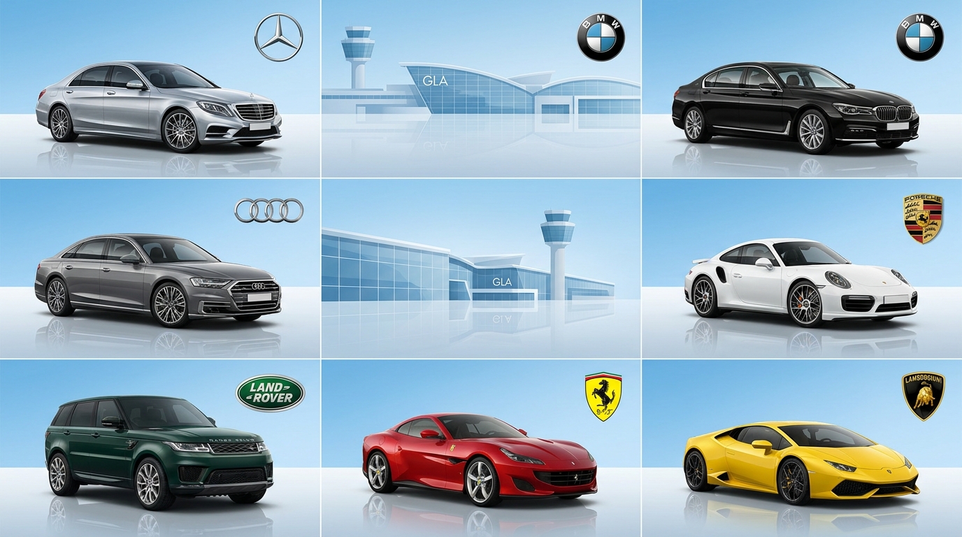 A grid or lineup image showcasing the luxury fleet brands available (Mercedes-Benz, BMW, Audi, Porsche, Range Rover, Ferrari, Lamborghini) with vehicle photos and brand logos