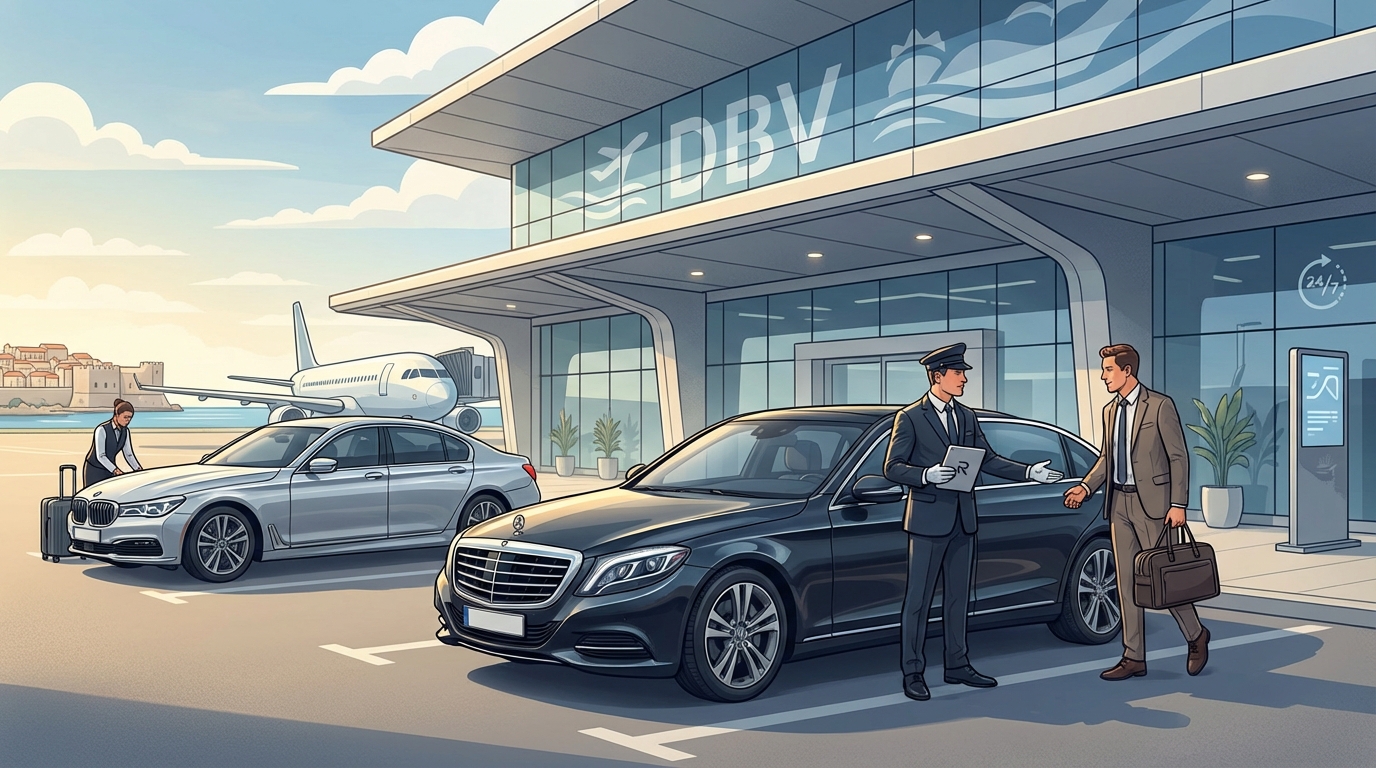 Hero image showing luxury vehicles (Mercedes S-Class, BMW 7 Series) at Dubrovnik Airport terminal with professional chauffeur, emphasizing premium service