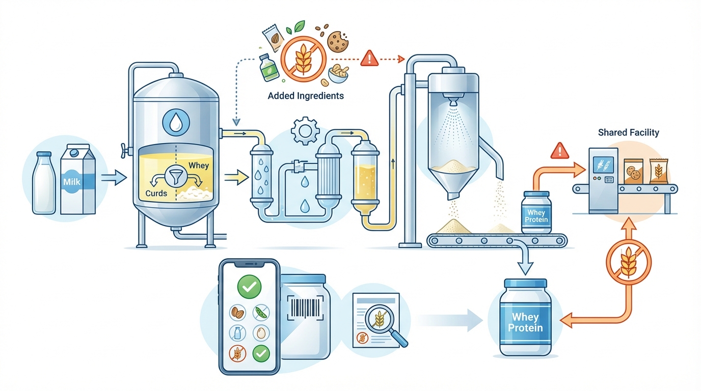 Infographic showing the whey protein production process from milk to final product, highlighting where gluten contamination risks may occur (manufacturing facilities, added ingredients, cross-contamination points)