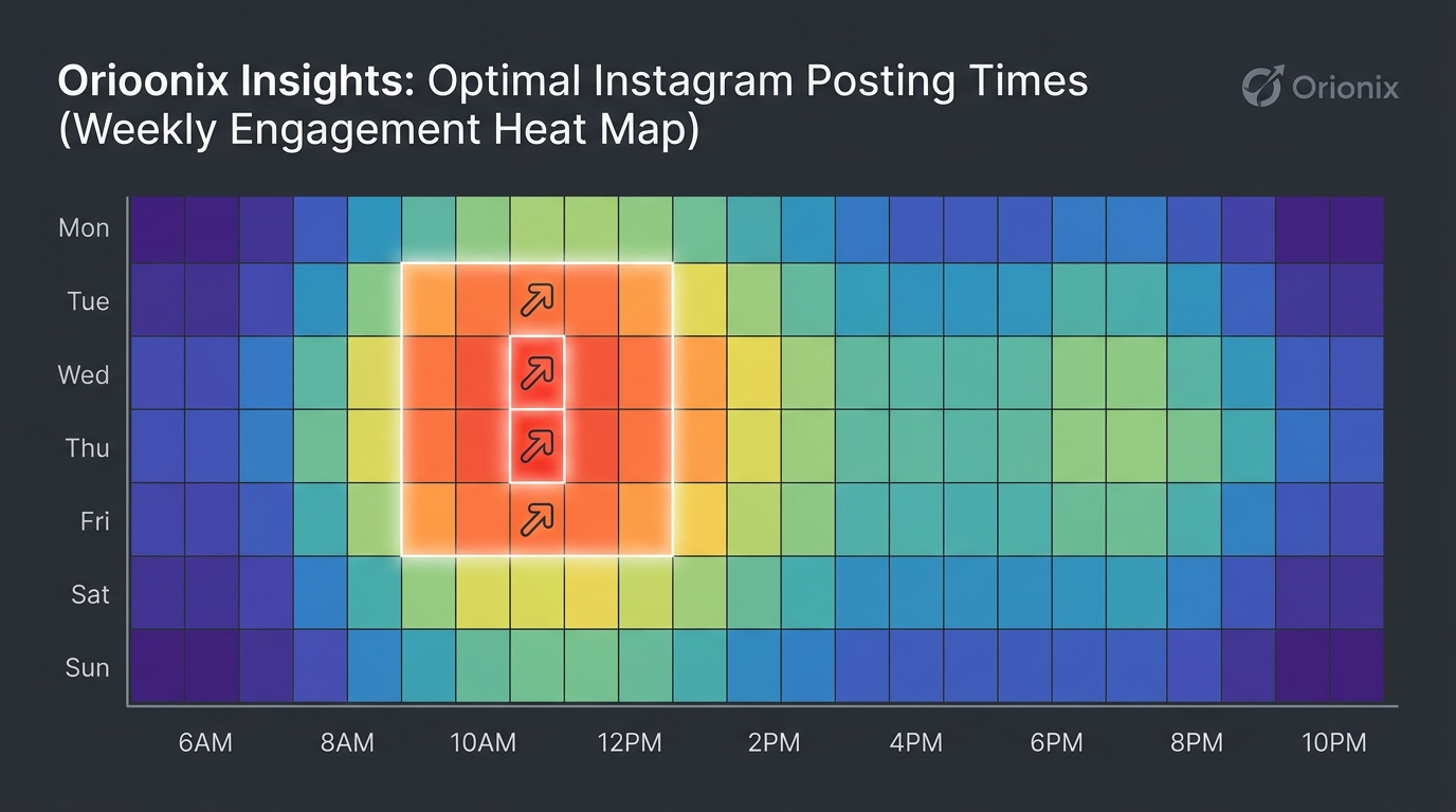 Heat map or bar chart showing optimal Instagram posting times throughout the week, highlighting Tuesday-Friday 9 AM-1 PM window with peak at 11 AM