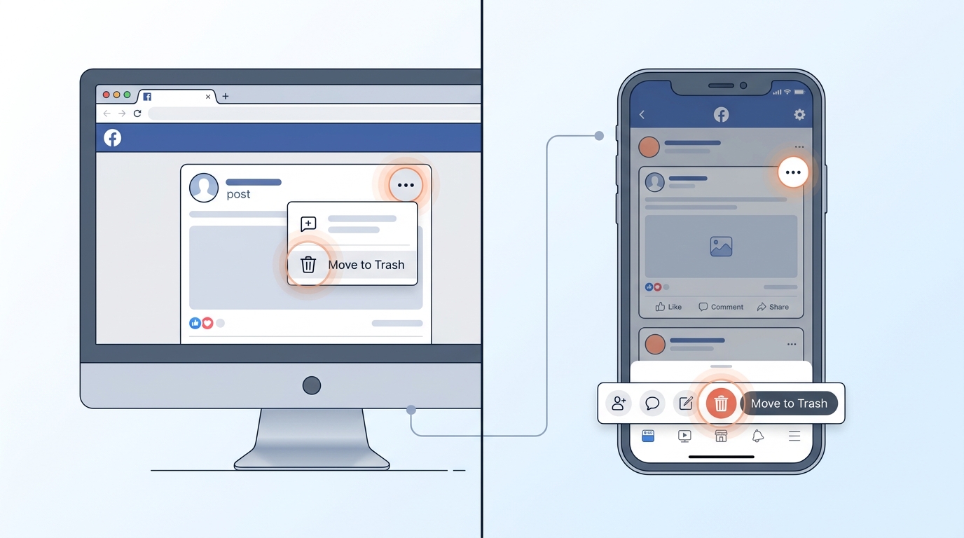 Split-screen illustration showing the Facebook post deletion interface on both desktop and mobile devices, highlighting the differences in menu placement
