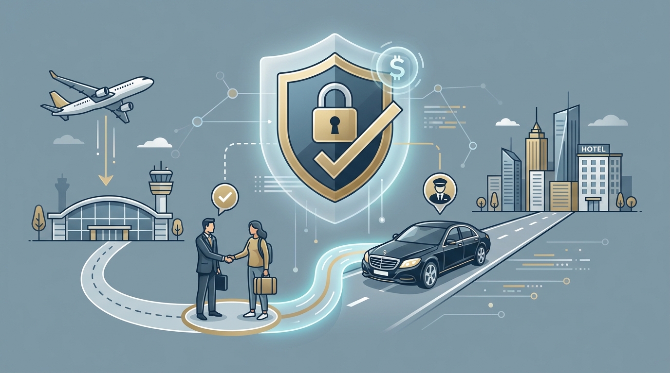 A clean infographic diagram illustrating the door-to-door journey concept: traveler landing at airport, meet-and-greet with chauffeur, luxury vehicle transfer, arrival at destination — with a prominent 'fixed price shown upfront' badge highlighting price transparency