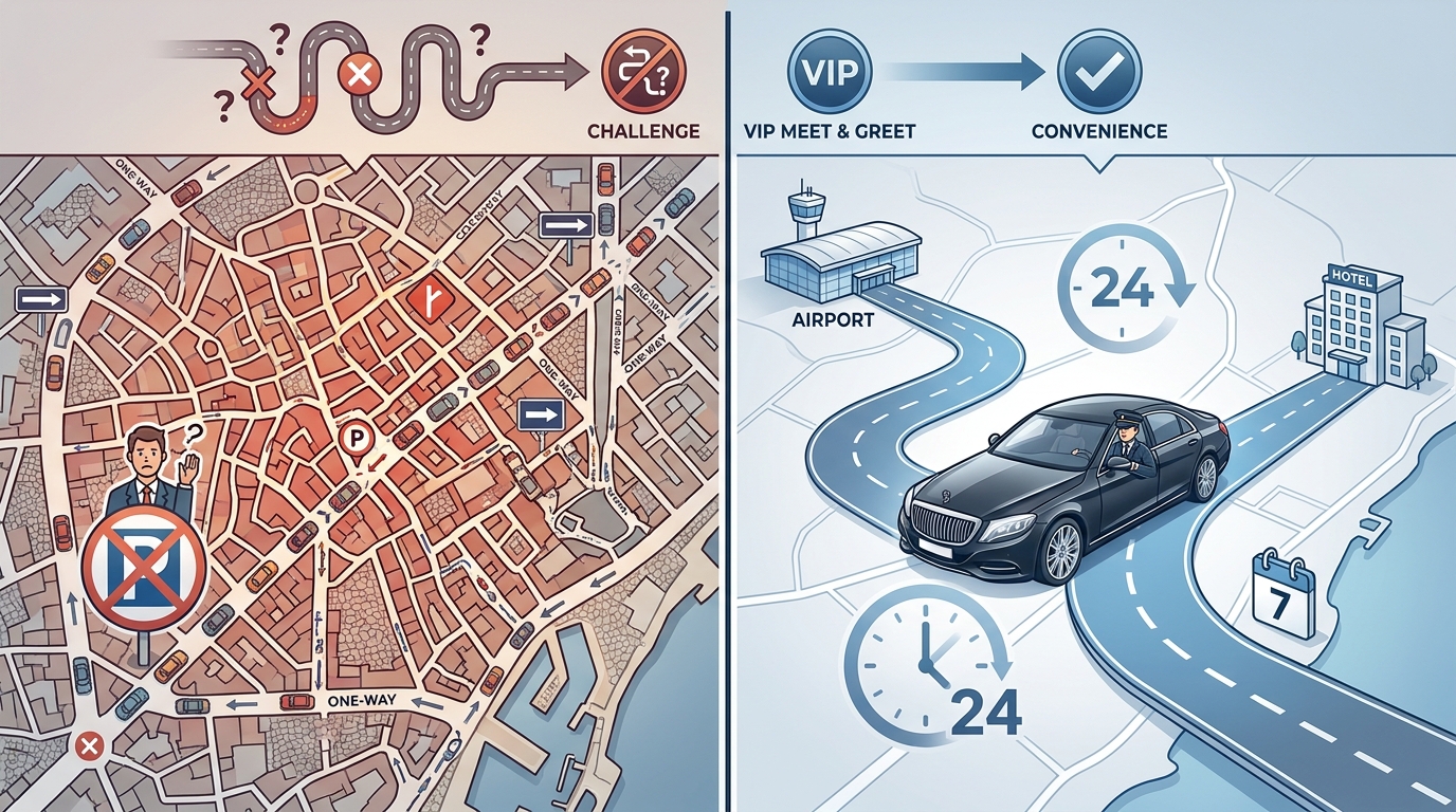 Diagram or map illustration of Barcelona's narrow historic streets, one-way systems, and parking challenges versus a smooth chauffeur-driven route, highlighting the convenience benefit