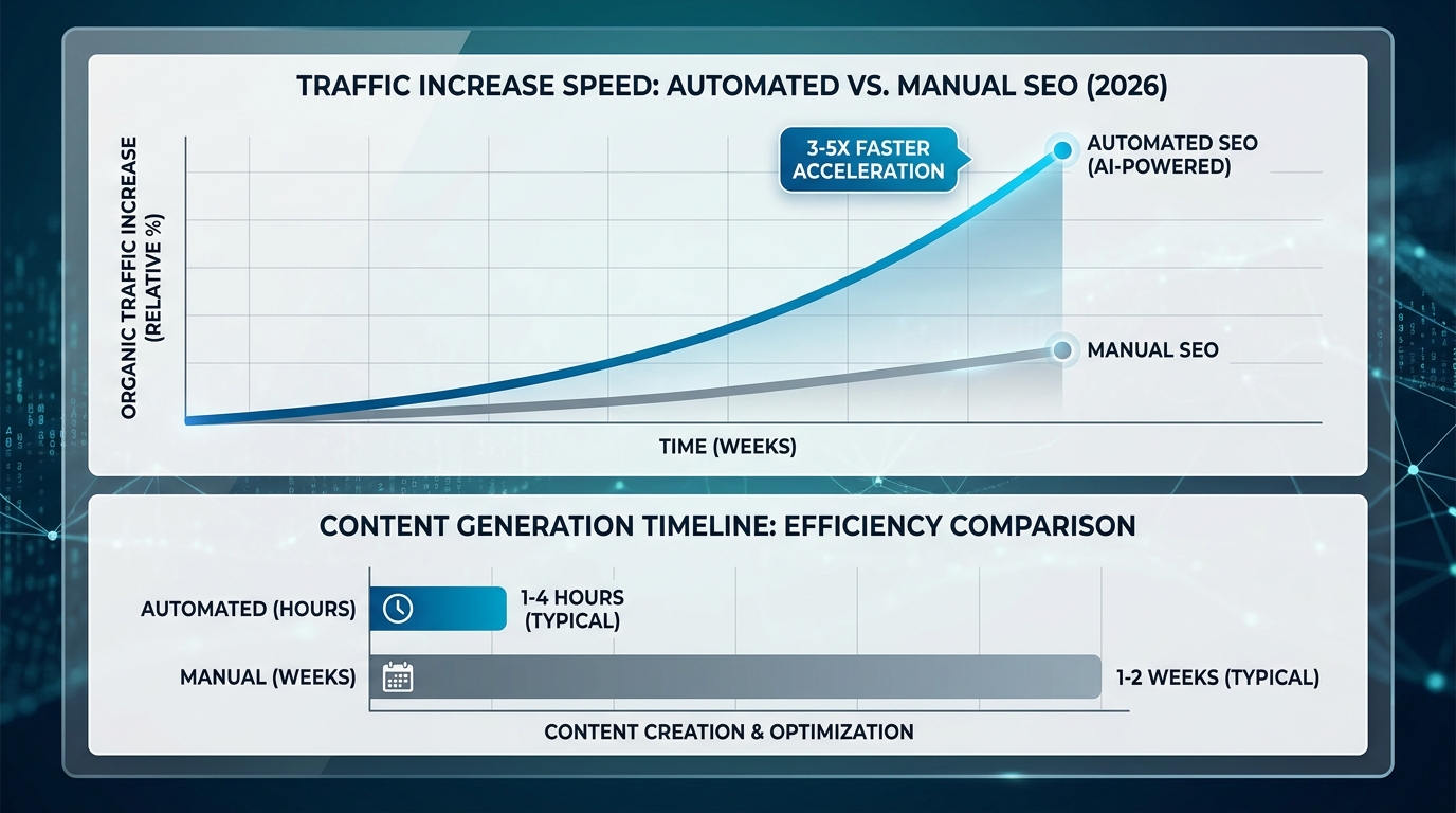 Visual comparison showing speed advantage: automated SEO achieving 3-5x faster traffic increases compared to manual SEO methods, with timeline illustration (hours vs weeks for content generation)