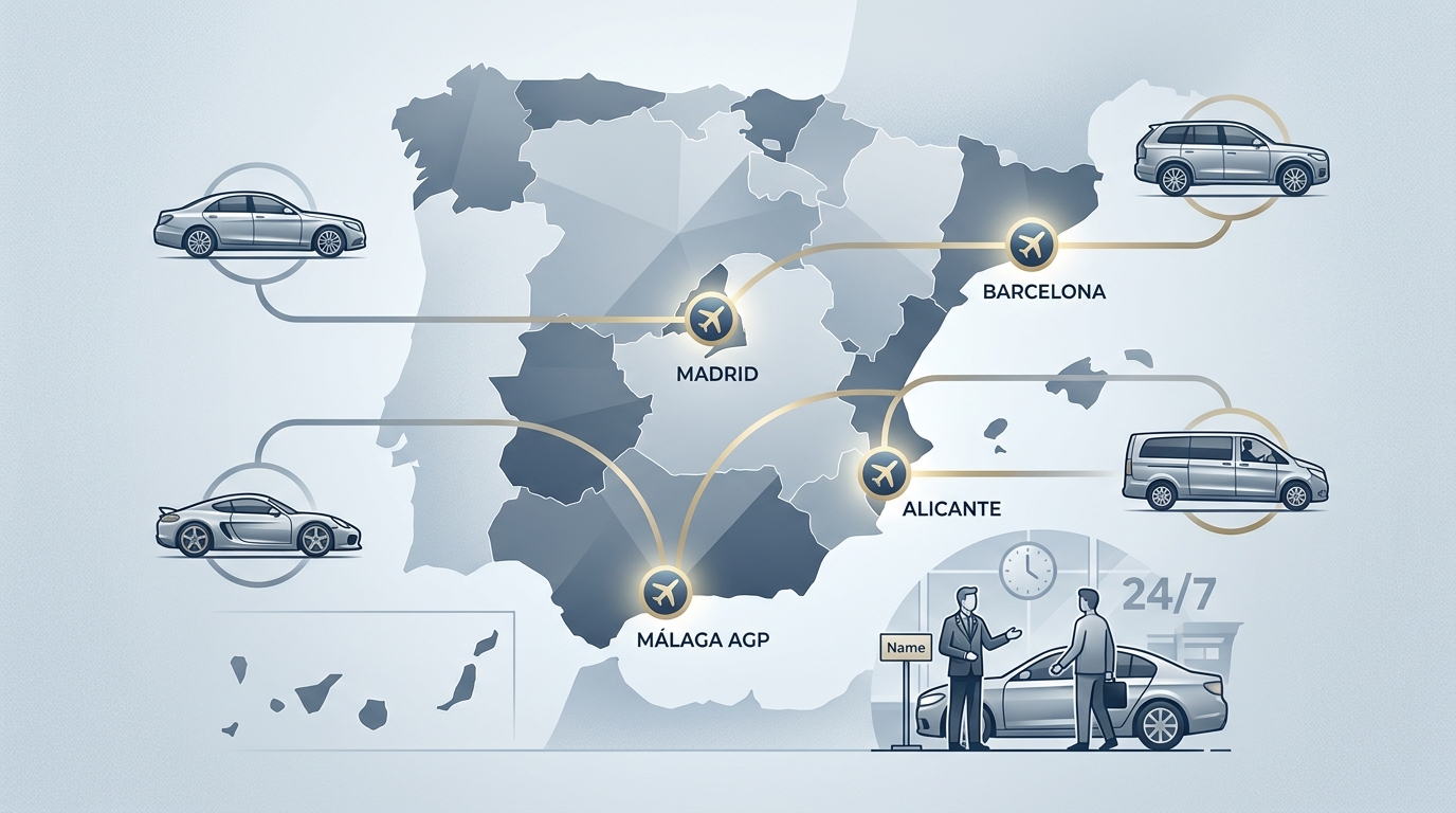 Map of Spain highlighting major airport locations (Málaga AGP, Alicante, Madrid, Barcelona) where ROLZO offers luxury car rental and chauffeur services